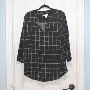 Pre owned Claiborne black and white and orange plaid women shirt size XL.